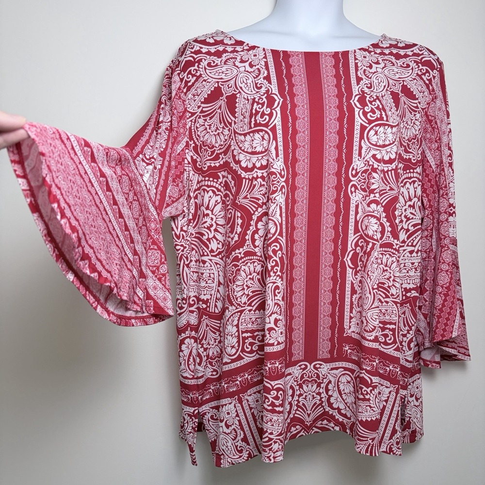 Susan Graver Liquid Knit Tunic Top Womens 3X Red White Paisley Stretch Blouse
